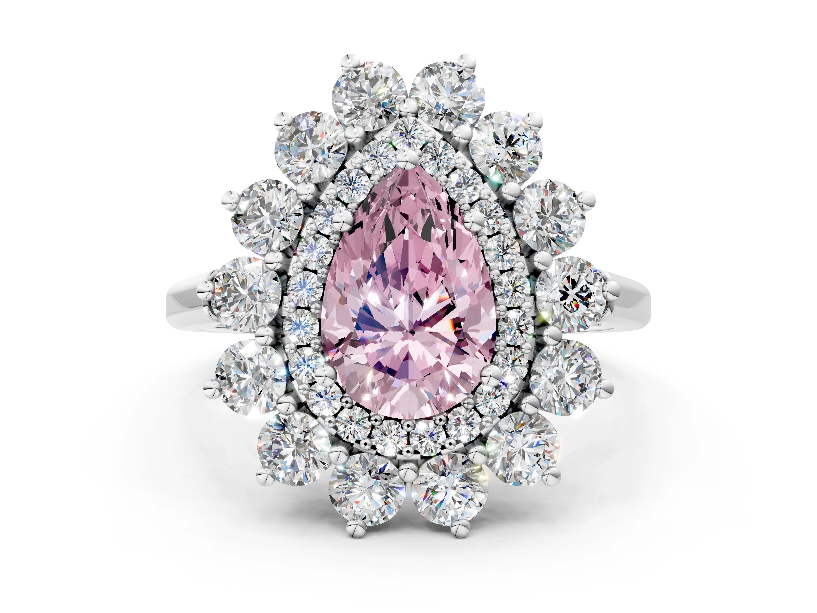 White gold Fancy Pink Pear Cut Halo Cluster Diamond Ring with Pave Band and Four-Prong Setting