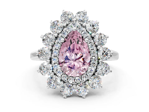 White gold Fancy Pink Pear Cut Halo Cluster Diamond Ring with Pave Band and Four-Prong Setting