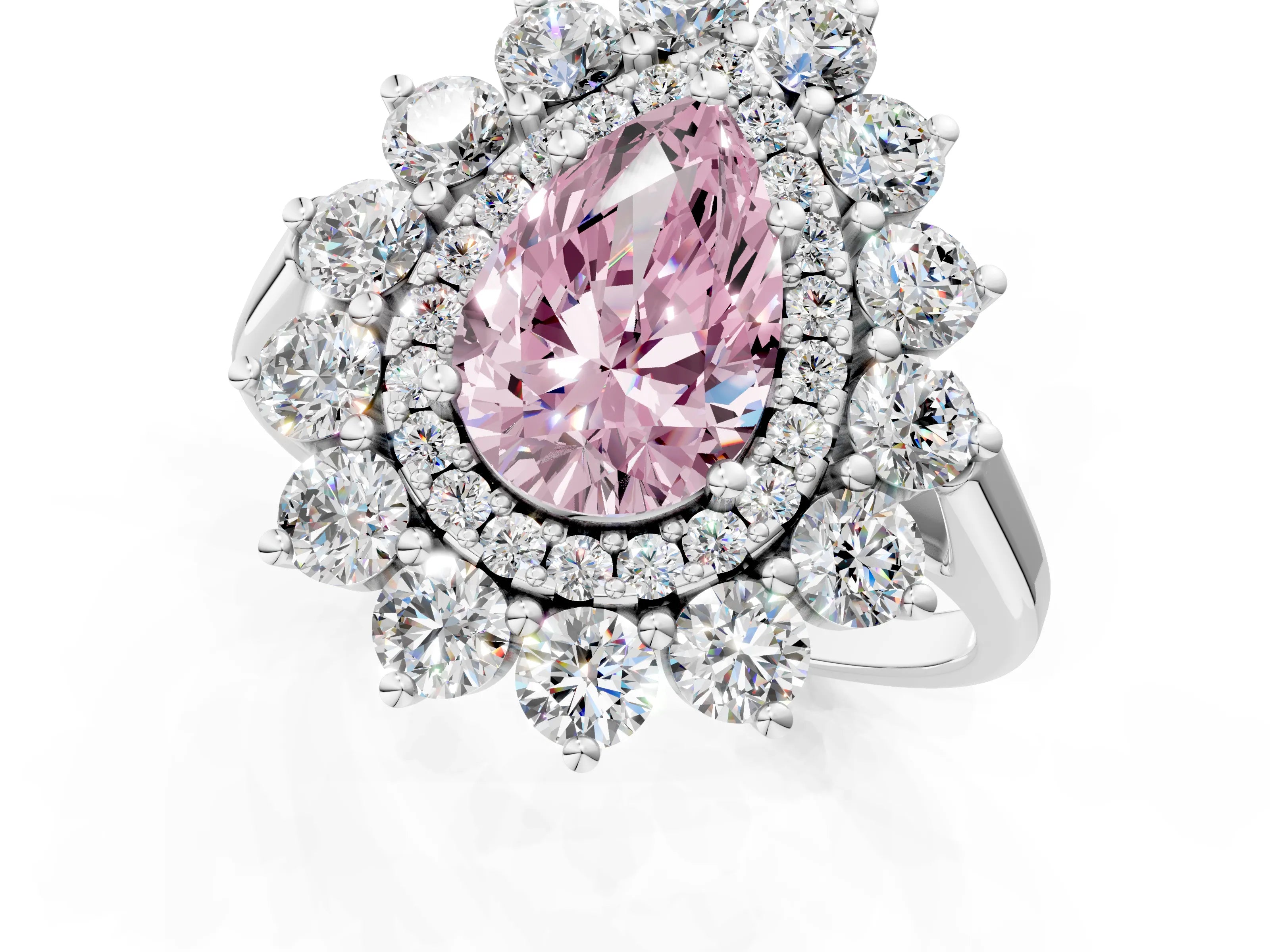 White gold Fancy Pink Pear Cut Halo Cluster Diamond Ring with Pave Band and Four-Prong Setting_13