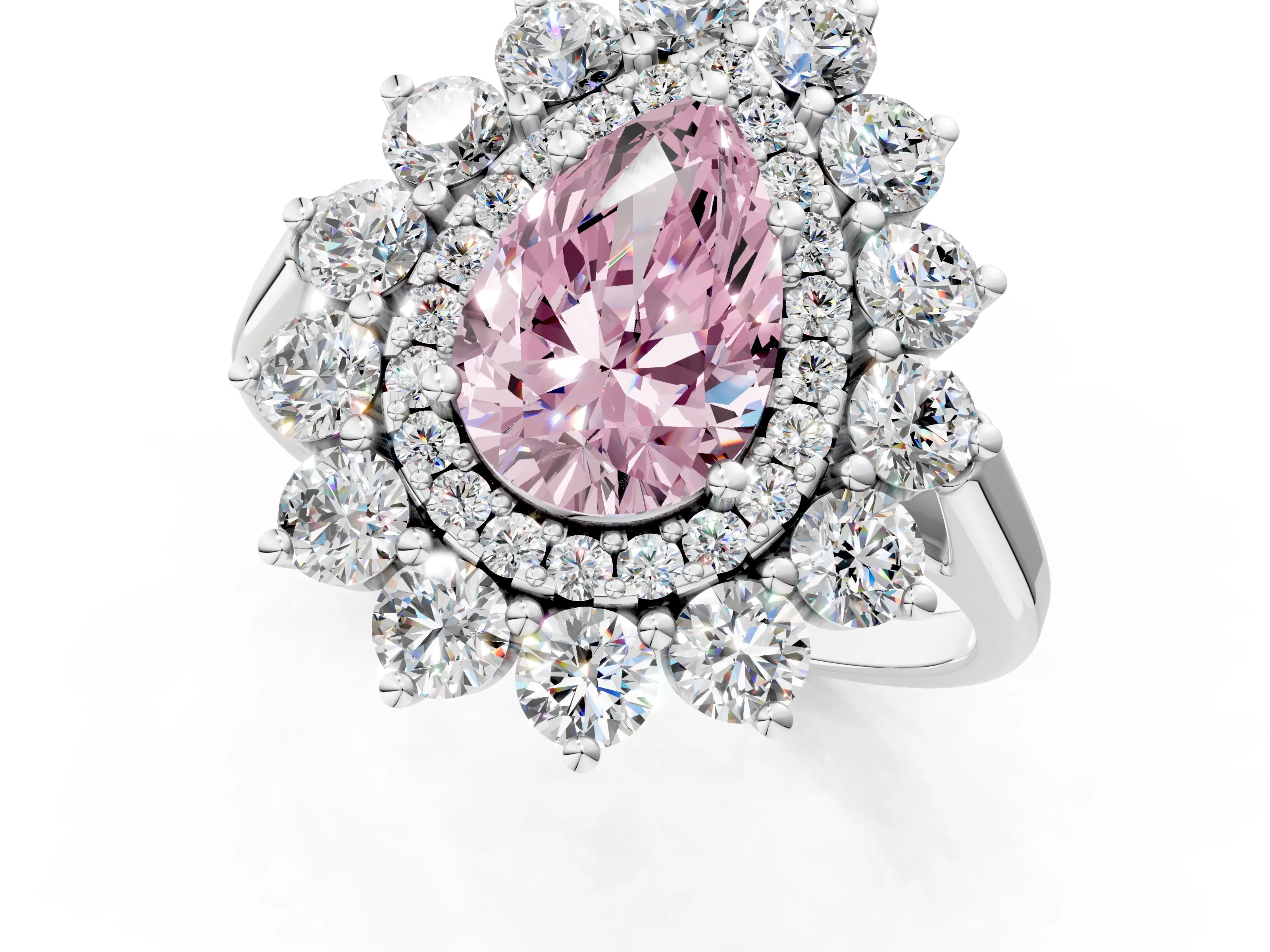 White gold Fancy Pink Pear Cut Halo Cluster Diamond Ring with Pave Band and Four-Prong Setting_1