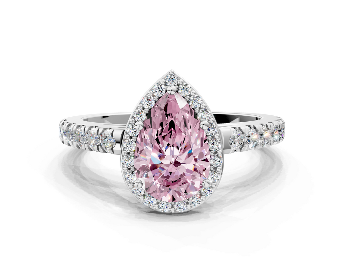 White gold Fancy Pink Pear  Cut Halo Diamond Engagement Ring with Pave Band and Four-Prong Setting_27