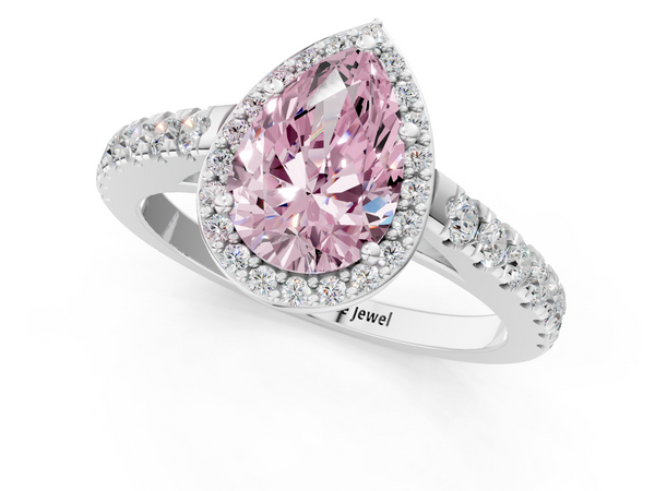 Platinum Fancy Pink Pear  Cut Halo Diamond Engagement Ring with Pave Band and Four-Prong Setting