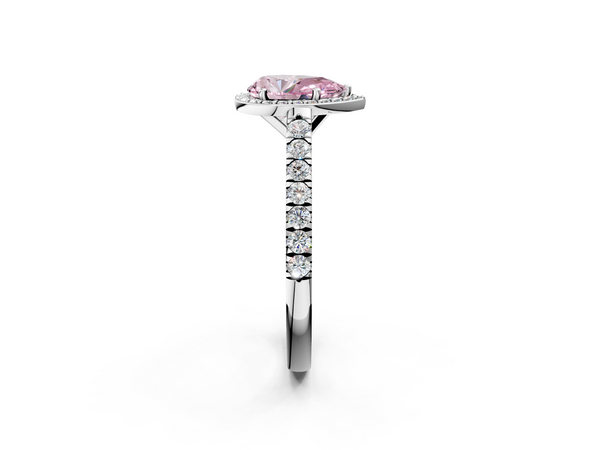 Platinum Fancy Pink Pear  Cut Halo Diamond Engagement Ring with Pave Band and Four-Prong Setting