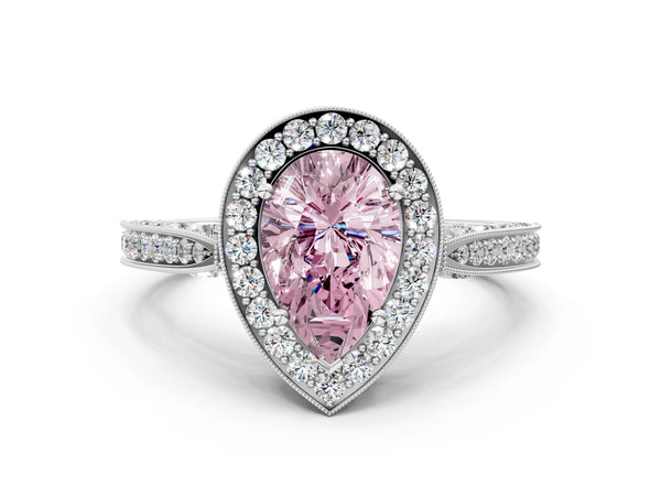 White gold Fancy Pink Pear Cut Halo Diamond Engagement Ring with Split Shank Band and Four-Prong Setting