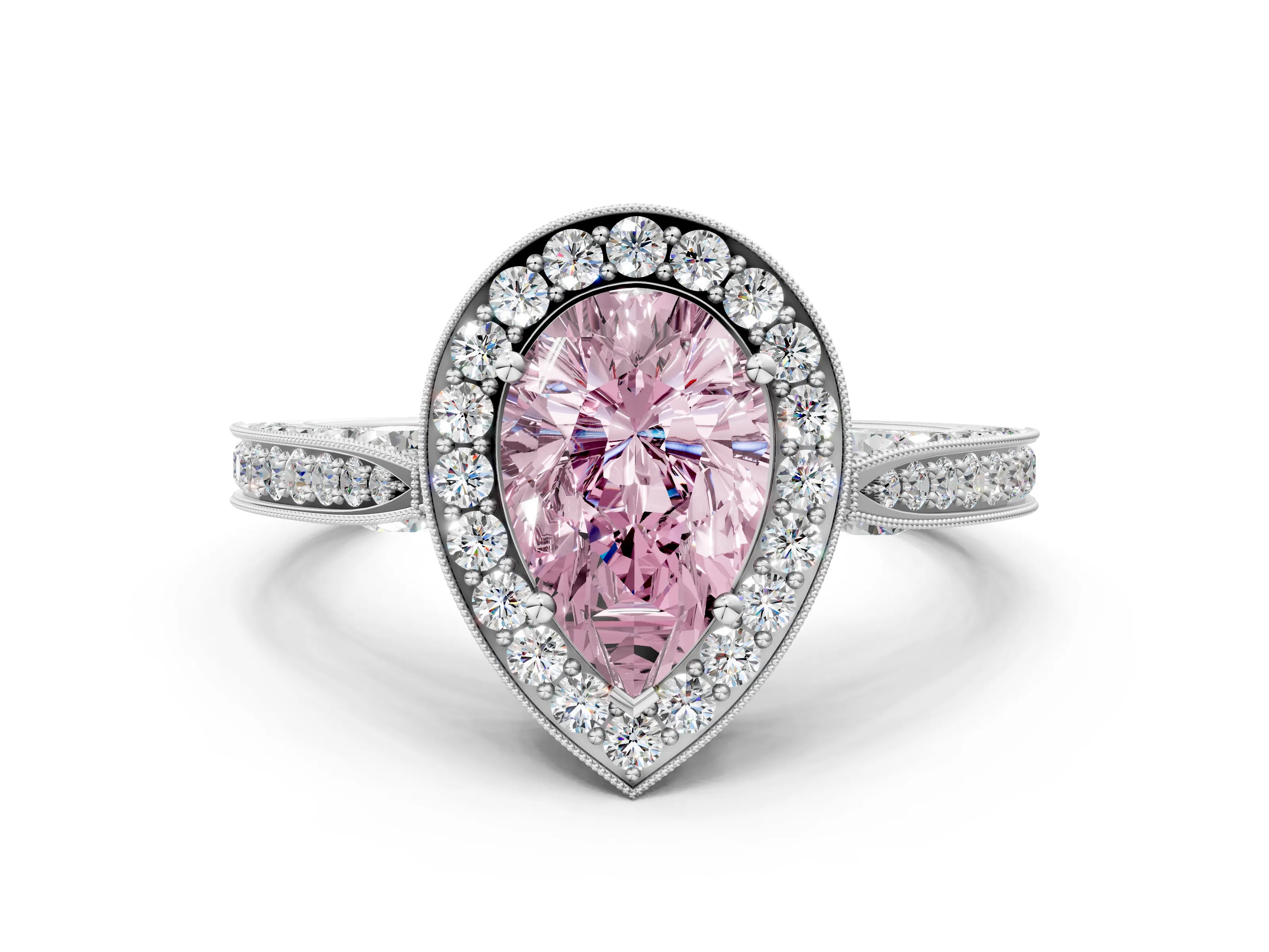 White gold Fancy Pink Pear Cut Halo Diamond Engagement Ring with Split Shank Band and Four-Prong Setting_12