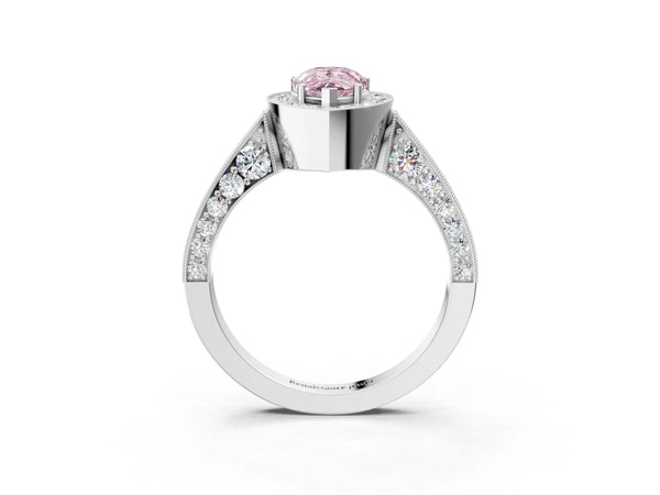 White gold Fancy Pink Pear Cut Halo Diamond Engagement Ring with Split Shank Band and Four-Prong Setting
