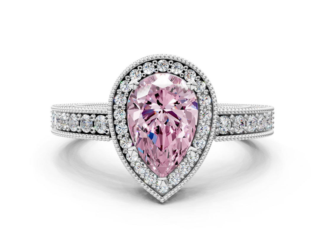 White gold Fancy Pink Pear  Cut Halo Diamond Pave Band Ring with Four-Prong Setting_45