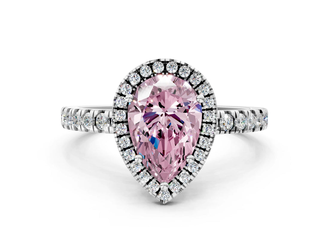 White gold Fancy Pink Pear Cut Halo Diamond Pave Band with Prong Setting