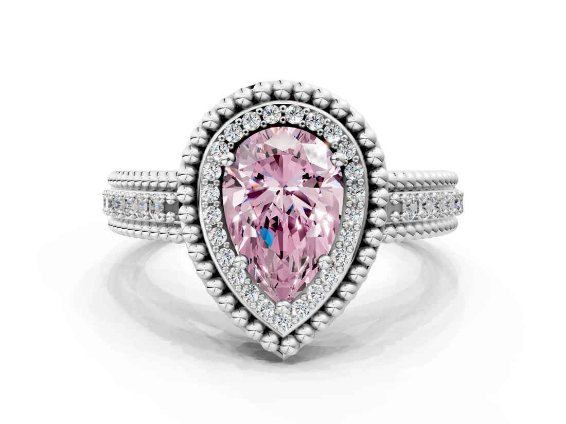 White gold Fancy Pink Pear Cut Halo Diamond Ring with Beaded Split Shank and Four-Prong Setting