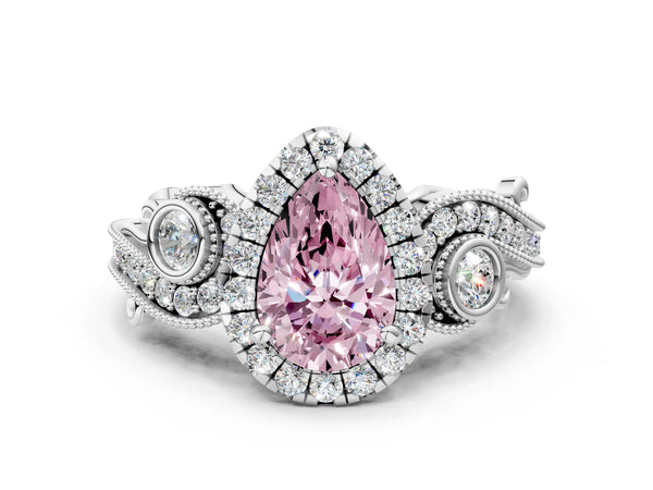 Platinum Fancy Pink Pear Cut Halo Diamond Ring with Milgrain and Bezel Accents on a Split Shank Band