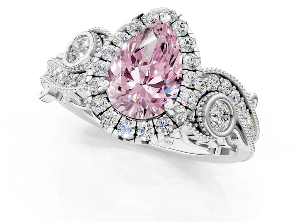 Platinum Fancy Pink Pear Cut Halo Diamond Ring with Milgrain and Bezel Accents on a Split Shank Band