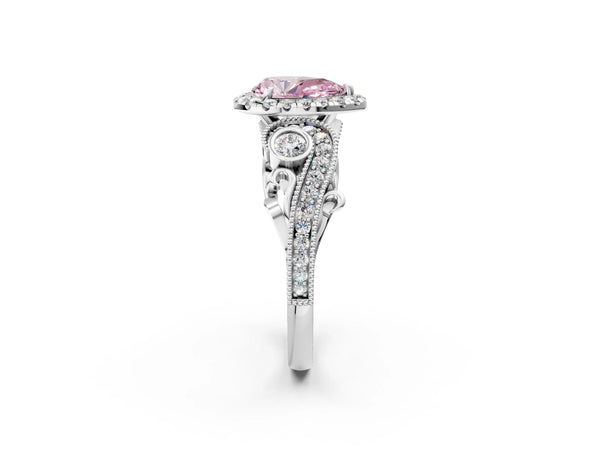 Platinum Fancy Pink Pear Cut Halo Diamond Ring with Milgrain and Bezel Accents on a Split Shank Band