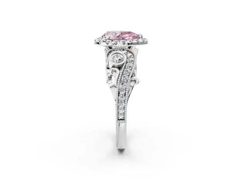 White gold Fancy Pink Pear Cut Halo Diamond Ring with Milgrain and Bezel Accents on a Split Shank Band_2