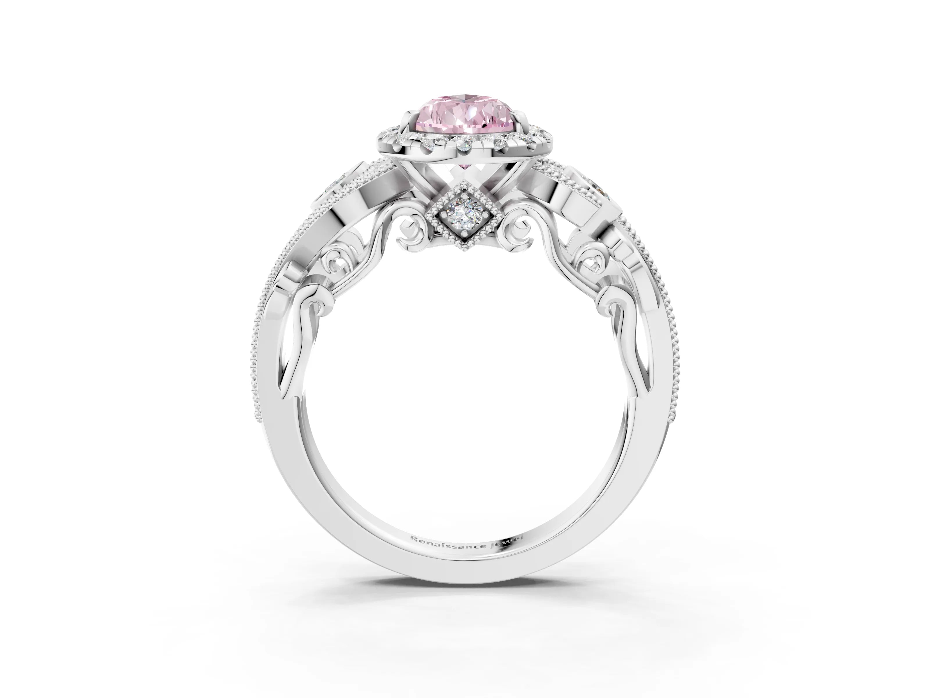 White gold Fancy Pink Pear Cut Halo Diamond Ring with Milgrain and Bezel Accents on a Split Shank Band_3