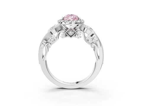 White gold Fancy Pink Pear Cut Halo Diamond Ring with Milgrain and Bezel Accents on a Split Shank Band_3