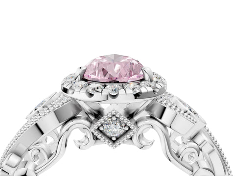 White gold Fancy Pink Pear Cut Halo Diamond Ring with Milgrain and Bezel Accents on a Split Shank Band_4