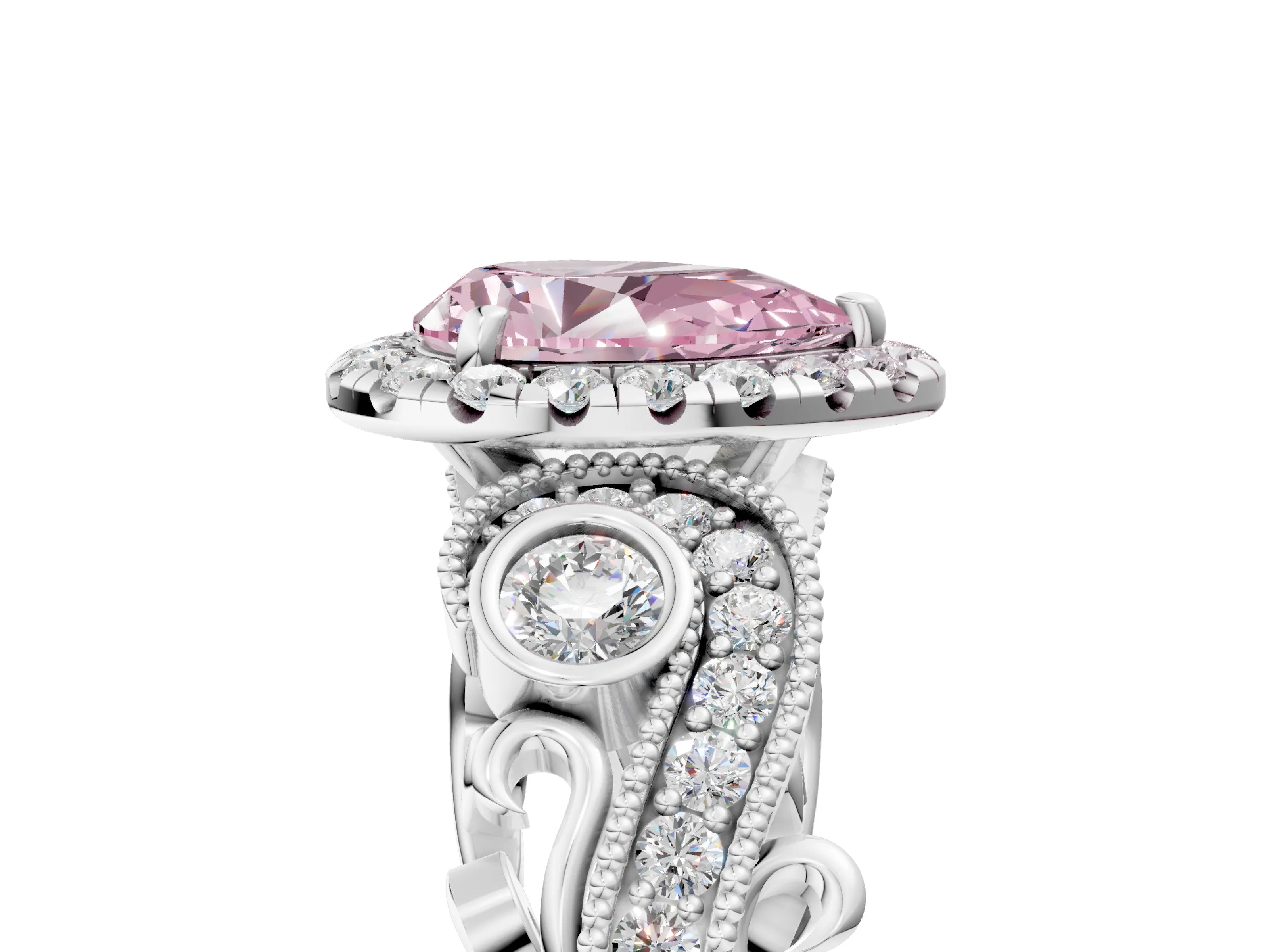 White gold Fancy Pink Pear Cut Halo Diamond Ring with Milgrain and Bezel Accents on a Split Shank Band_5
