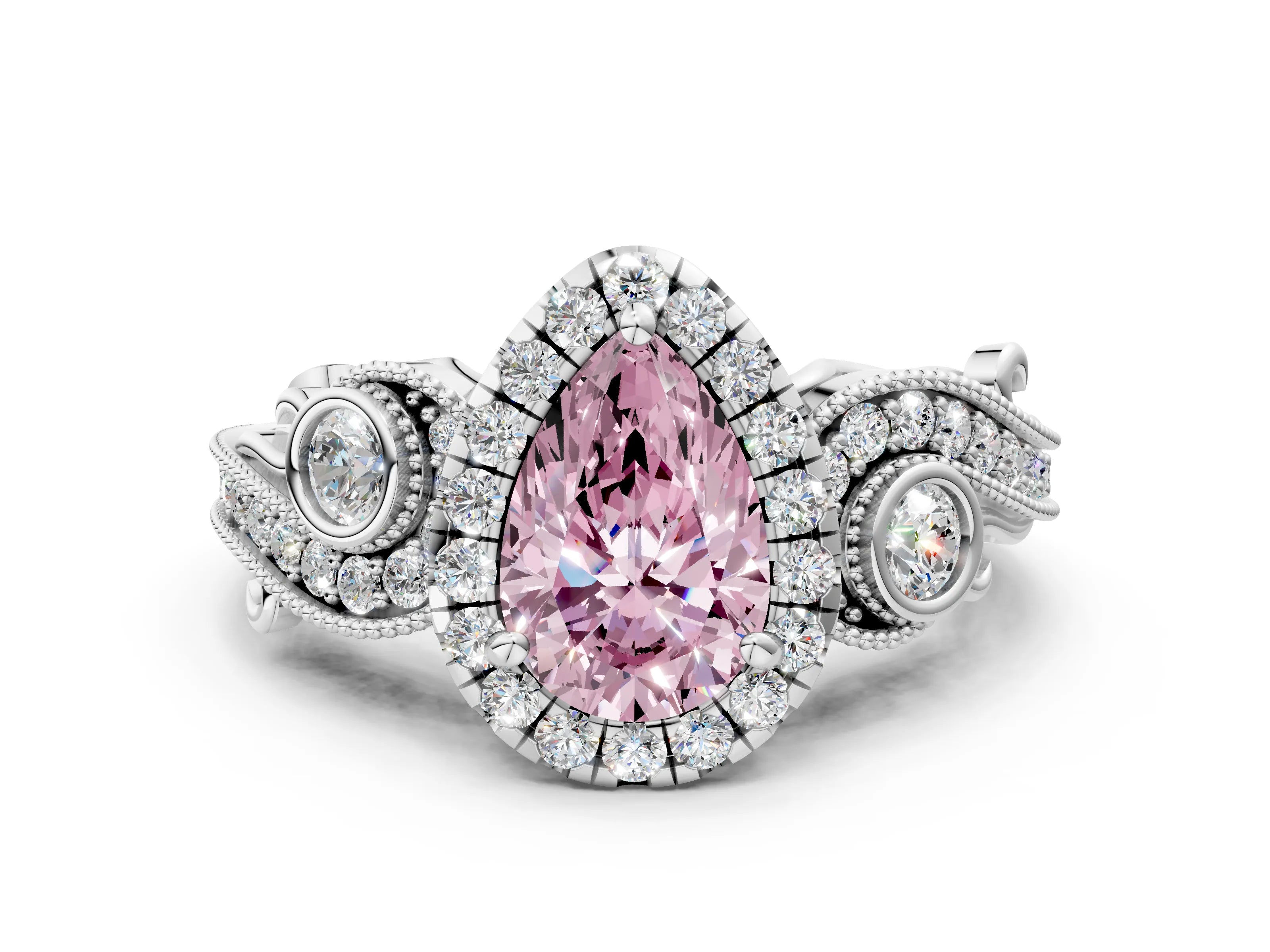 White gold Fancy Pink Pear Cut Halo Diamond Ring with Milgrain and Bezel Accents on a Split Shank Band