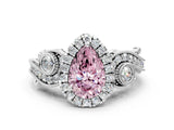 White gold Fancy Pink Pear Cut Halo Diamond Ring with Milgrain and Bezel Accents on a Split Shank Band