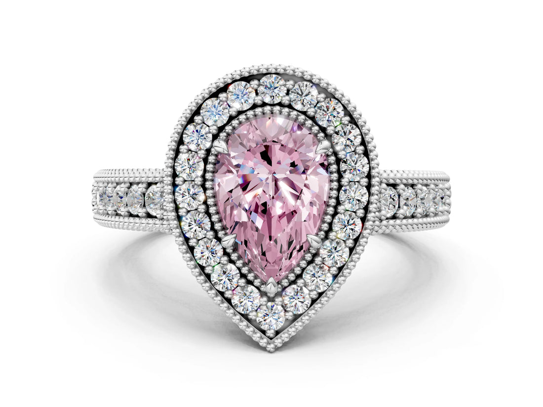 White gold Fancy Pink Pear  Cut Halo Diamond Ring with Pavé Band and Four-Prong Setting_115