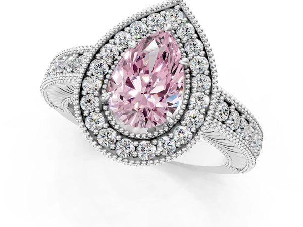 White gold Fancy Pink Pear  Cut Halo Diamond Ring with Pavé Band and Four-Prong Setting