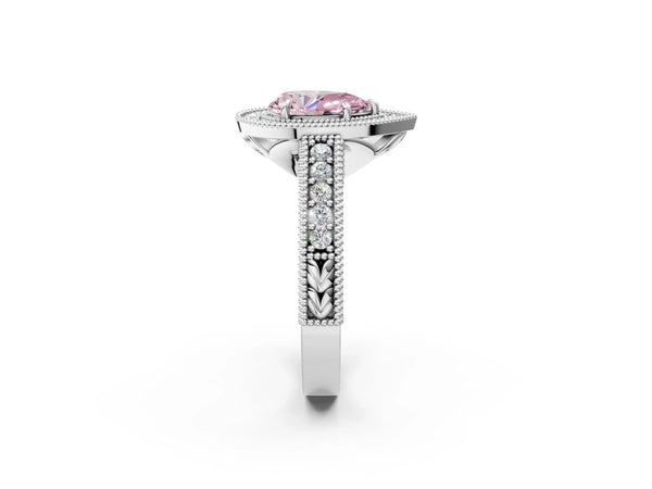 White gold Fancy Pink Pear  Cut Halo Diamond Ring with Pavé Band and Four-Prong Setting