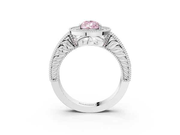 White gold Fancy Pink Pear  Cut Halo Diamond Ring with Pavé Band and Four-Prong Setting