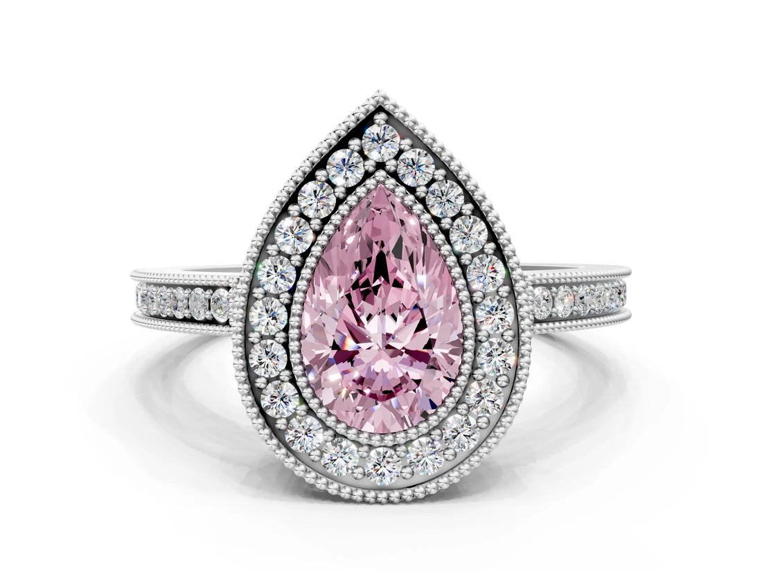 White gold Fancy Pink Pear  Cut Halo Diamond Ring with Pavé Band and Milgrain Prong Setting_32