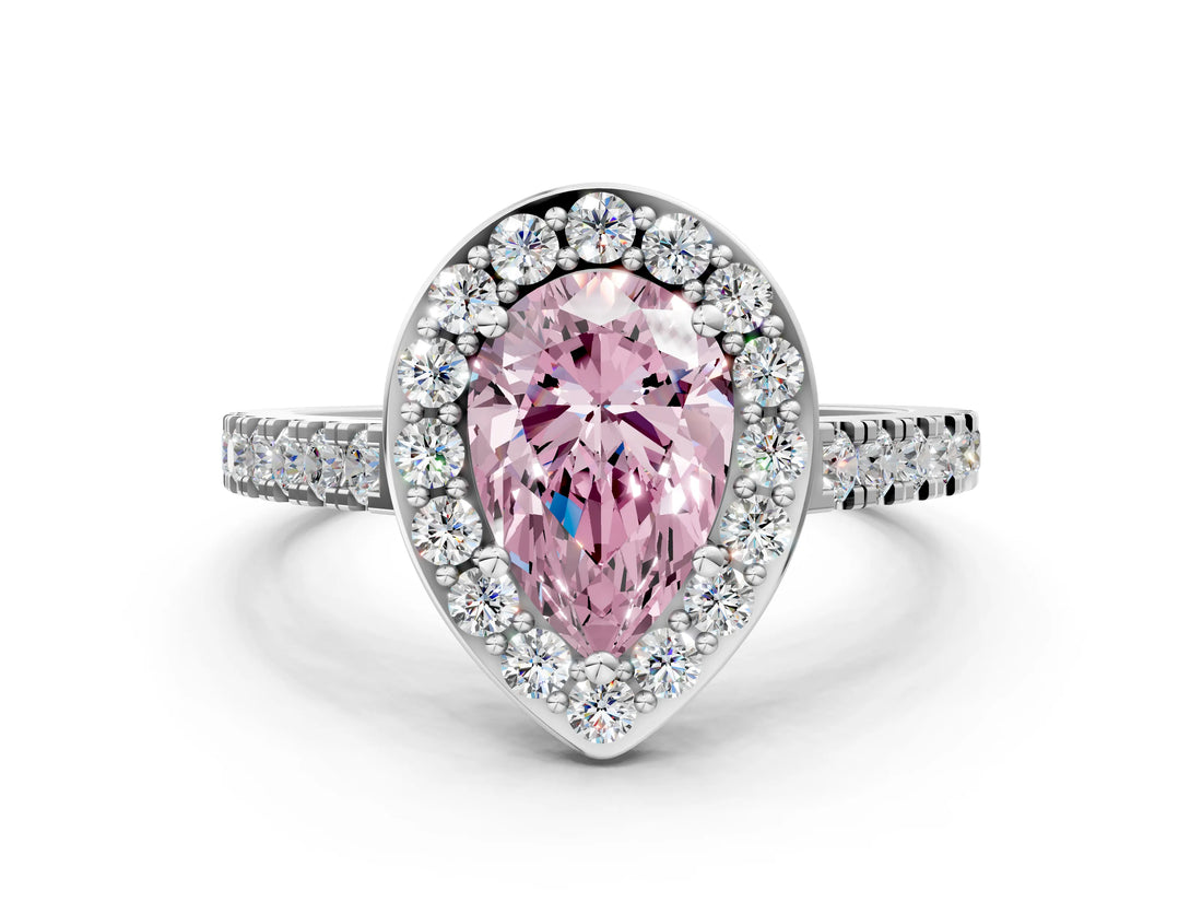 White gold Fancy Pink Pear Cut Halo Diamond Ring with Pavé Band and Three-Prong Setting_12