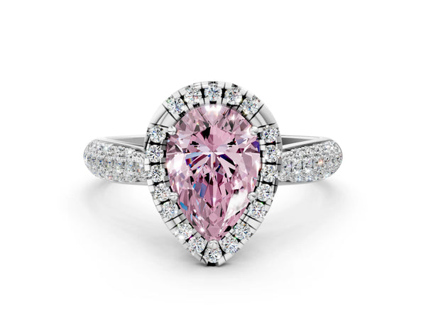 White gold Fancy Pink Pear Cut Halo Diamond Ring with Pavé Band