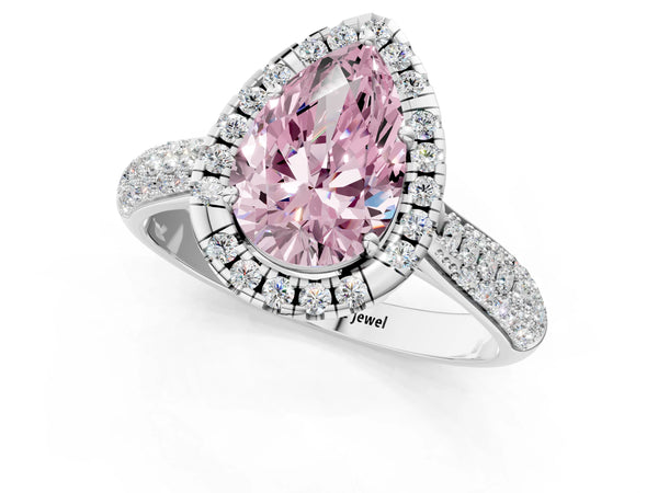 White gold Fancy Pink Pear Cut Halo Diamond Ring with Pavé Band