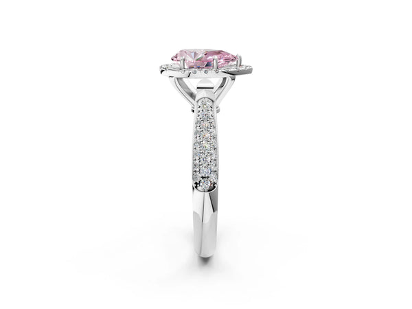 White gold Fancy Pink Pear Cut Halo Diamond Ring with Pavé Band