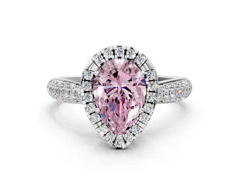 White gold Fancy Pink Pear Cut Halo Diamond Ring with Pavé Band