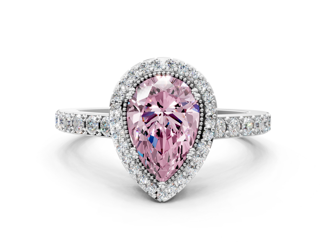 White gold Fancy Pink Pear  Cut Halo Diamond Ring with Pave Band and Four-Prong Setting_24