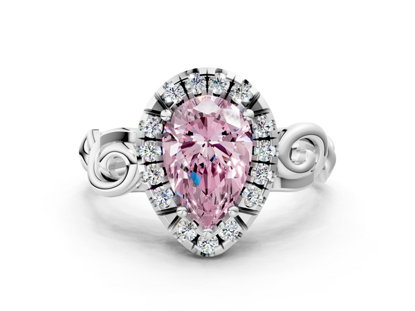 White gold Fancy Pink Pear  Cut Halo Diamond Ring with Scrollwork Band and Four-Prong Setting