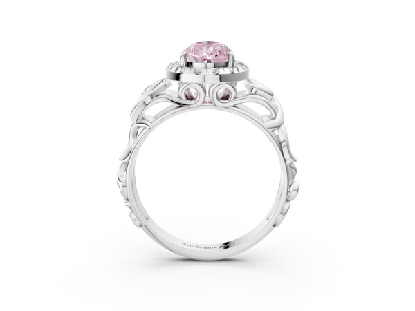 White gold Fancy Pink Pear  Cut Halo Diamond Ring with Scrollwork Band and Four-Prong Setting