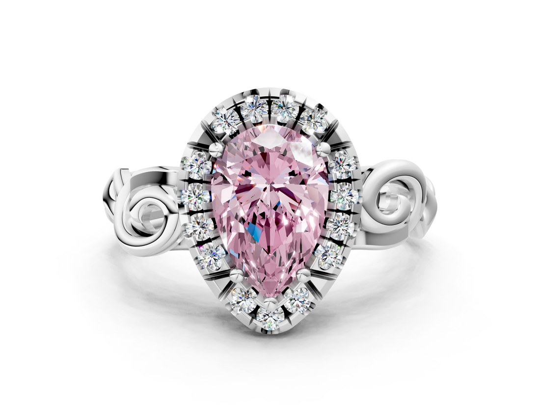 White gold Fancy Pink Pear  Cut Halo Diamond Ring with Scrollwork Band and Four-Prong Setting_130