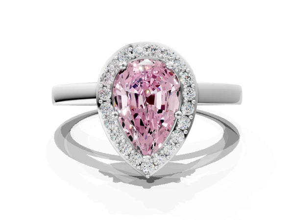White gold Fancy Pink Pear Cut Halo Diamond Ring with Solitaire Band and Prong Setting