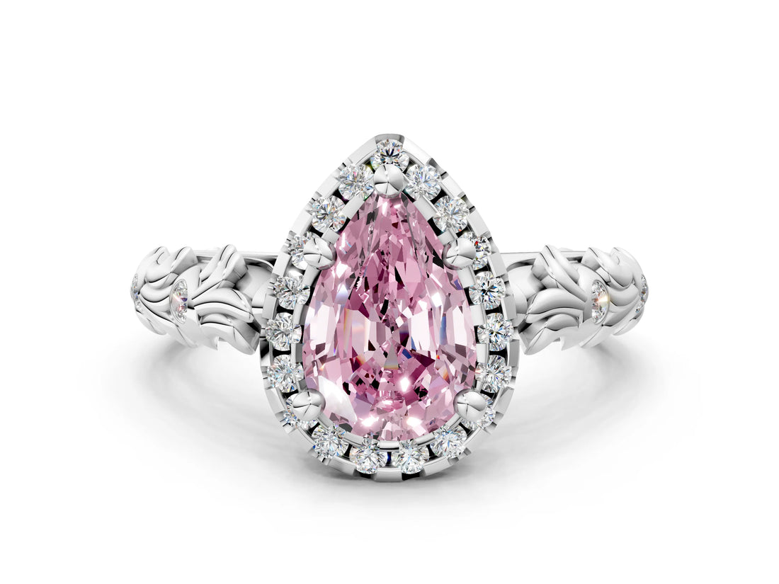 White gold Fancy Pink Pear Cut Halo Diamond Solitaire with Filigree Band and Four-Prong Setting