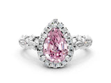 White gold Fancy Pink Pear Cut Halo Diamond Solitaire with Filigree Band and Four-Prong Setting