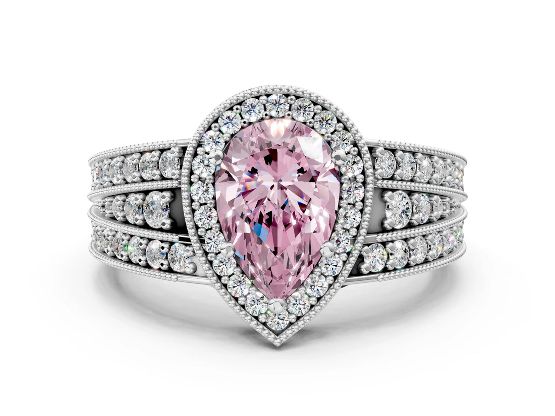 White gold Fancy Pink Pear Cut Halo Diamond Split Shank Ring with Prong Setting
