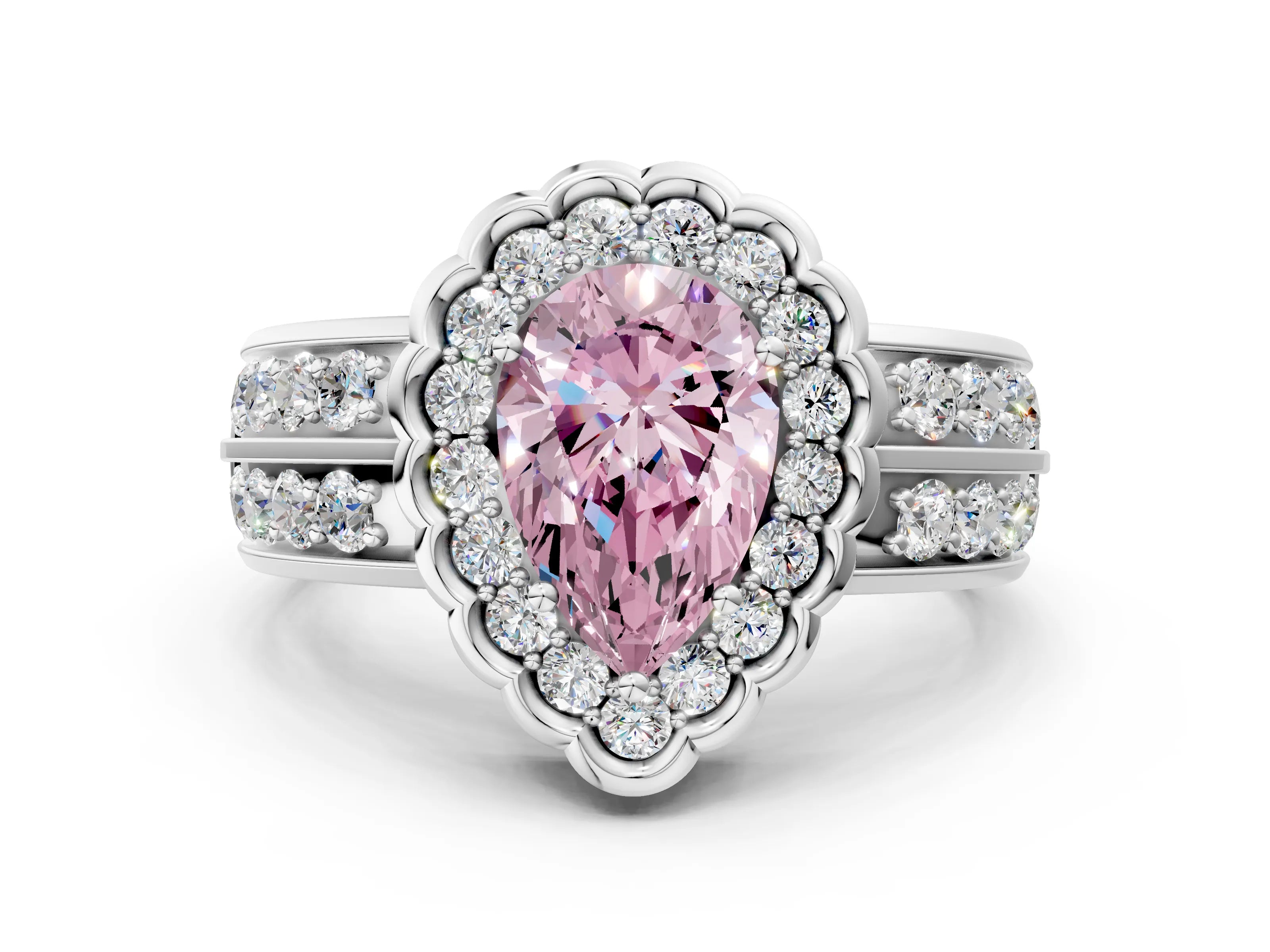 White gold Fancy Pink Pear Cut Halo Diamond Split Shank Ring with Scalloped Prong Setting_12