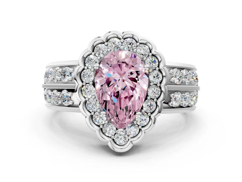 White gold Fancy Pink Pear Cut Halo Diamond Split Shank Ring with Scalloped Prong Setting_12
