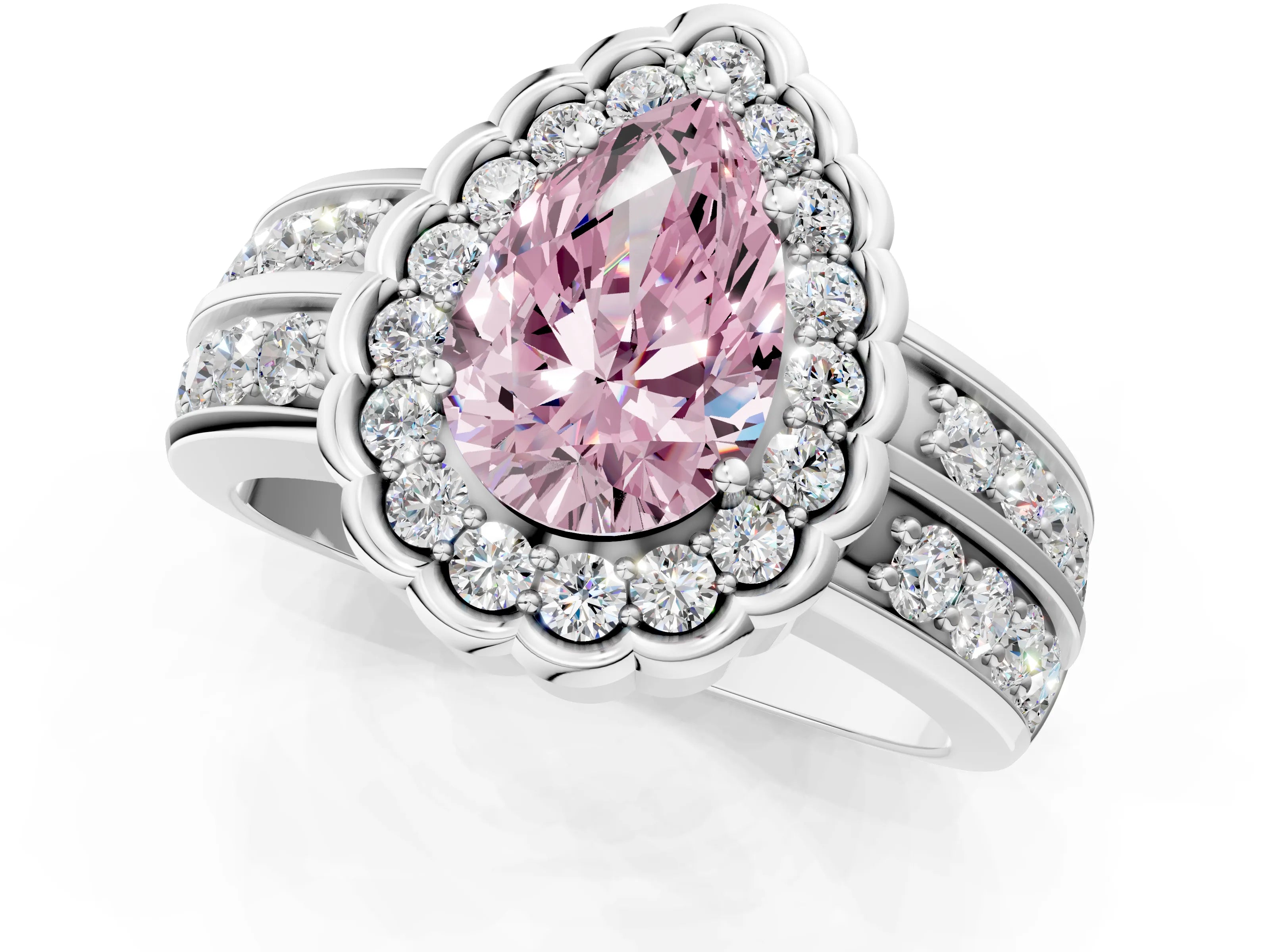 White gold Fancy Pink Pear Cut Halo Diamond Split Shank Ring with Scalloped Prong Setting_13