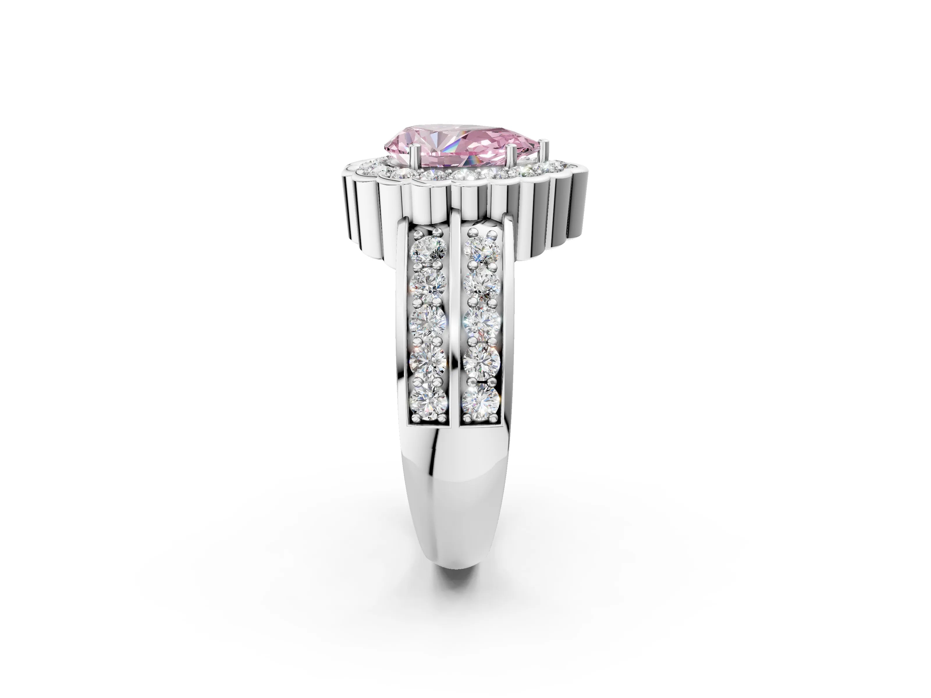 White gold Fancy Pink Pear Cut Halo Diamond Split Shank Ring with Scalloped Prong Setting_14