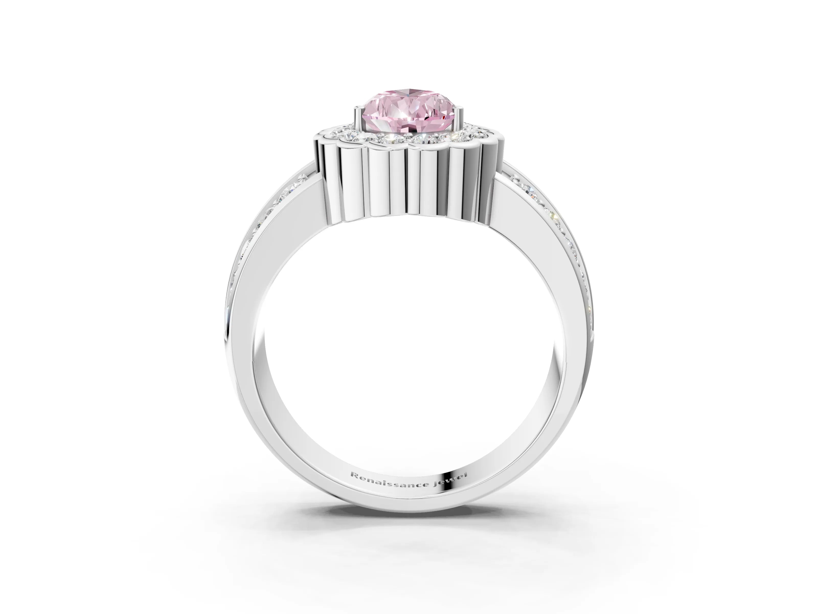 White gold Fancy Pink Pear Cut Halo Diamond Split Shank Ring with Scalloped Prong Setting_15