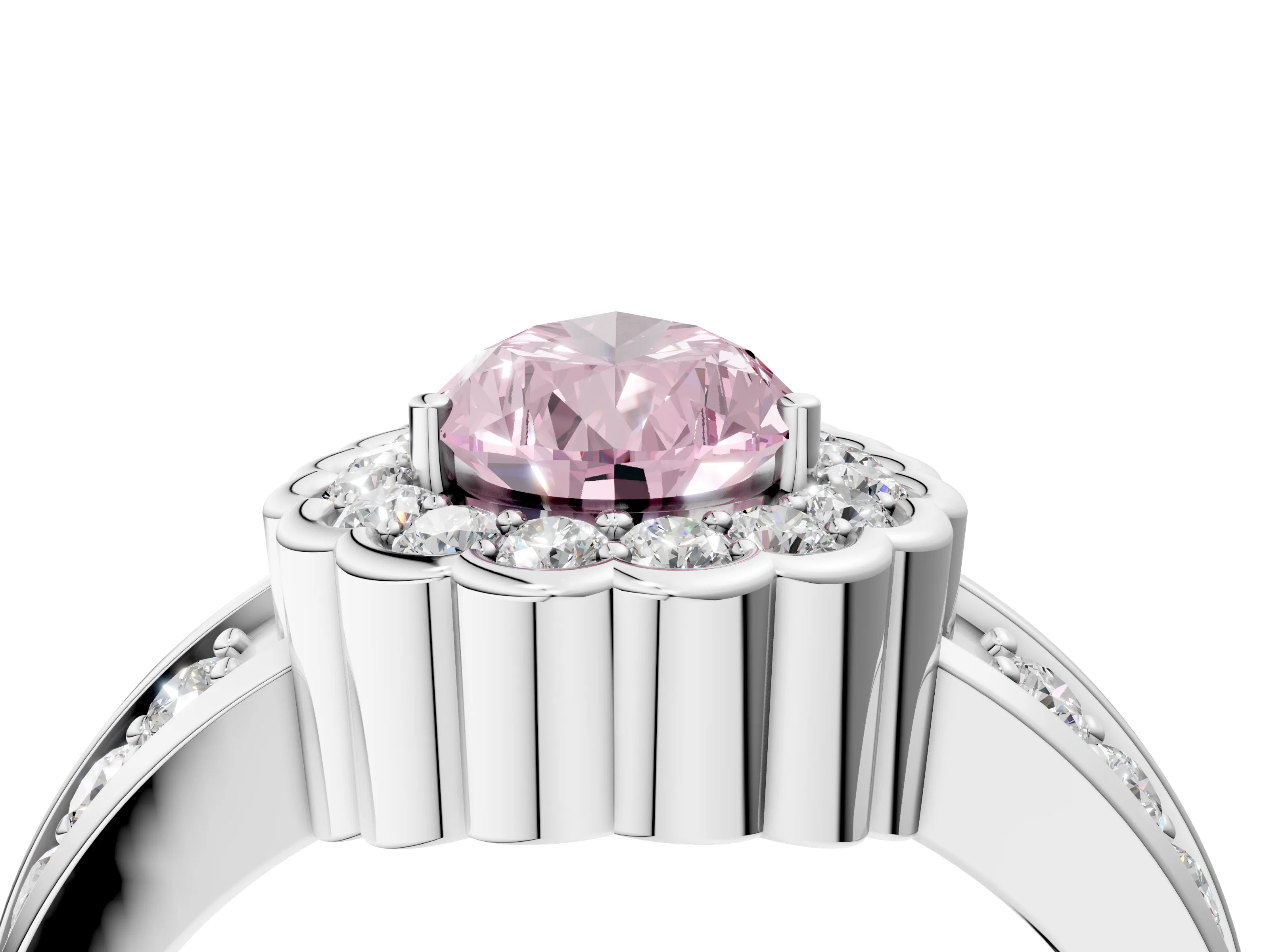 White gold Fancy Pink Pear Cut Halo Diamond Split Shank Ring with Scalloped Prong Setting_16