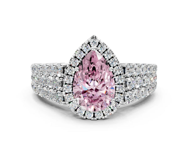 Platinum Fancy Pink Pear Cut Halo Pavé Diamond Engagement Ring with Split Shank and Four-Prong Setting