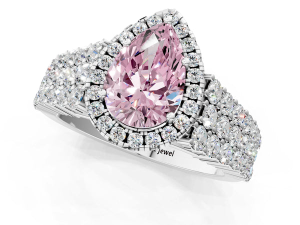 Platinum Fancy Pink Pear Cut Halo Pavé Diamond Engagement Ring with Split Shank and Four-Prong Setting