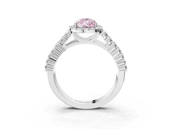 Platinum Fancy Pink Pear Cut Halo Pavé Diamond Engagement Ring with Split Shank and Four-Prong Setting